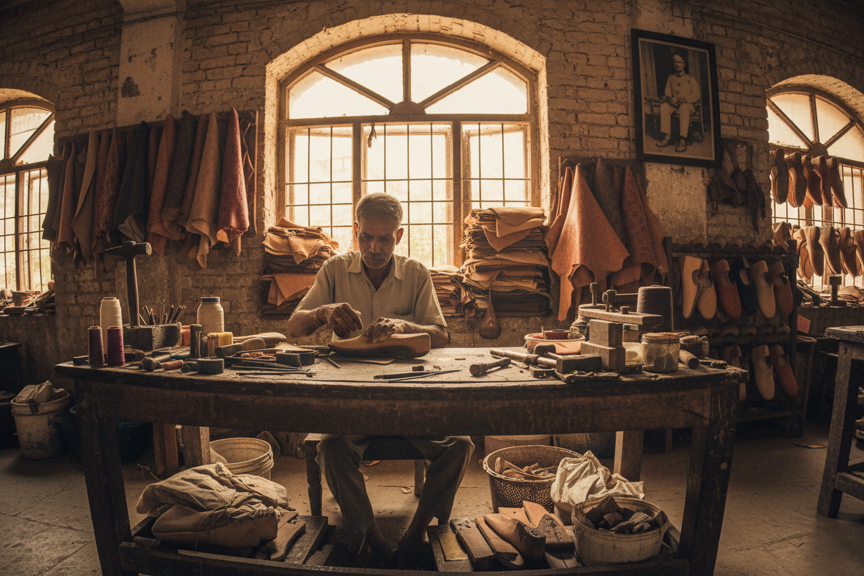 Shoe factory worker crafting shoes